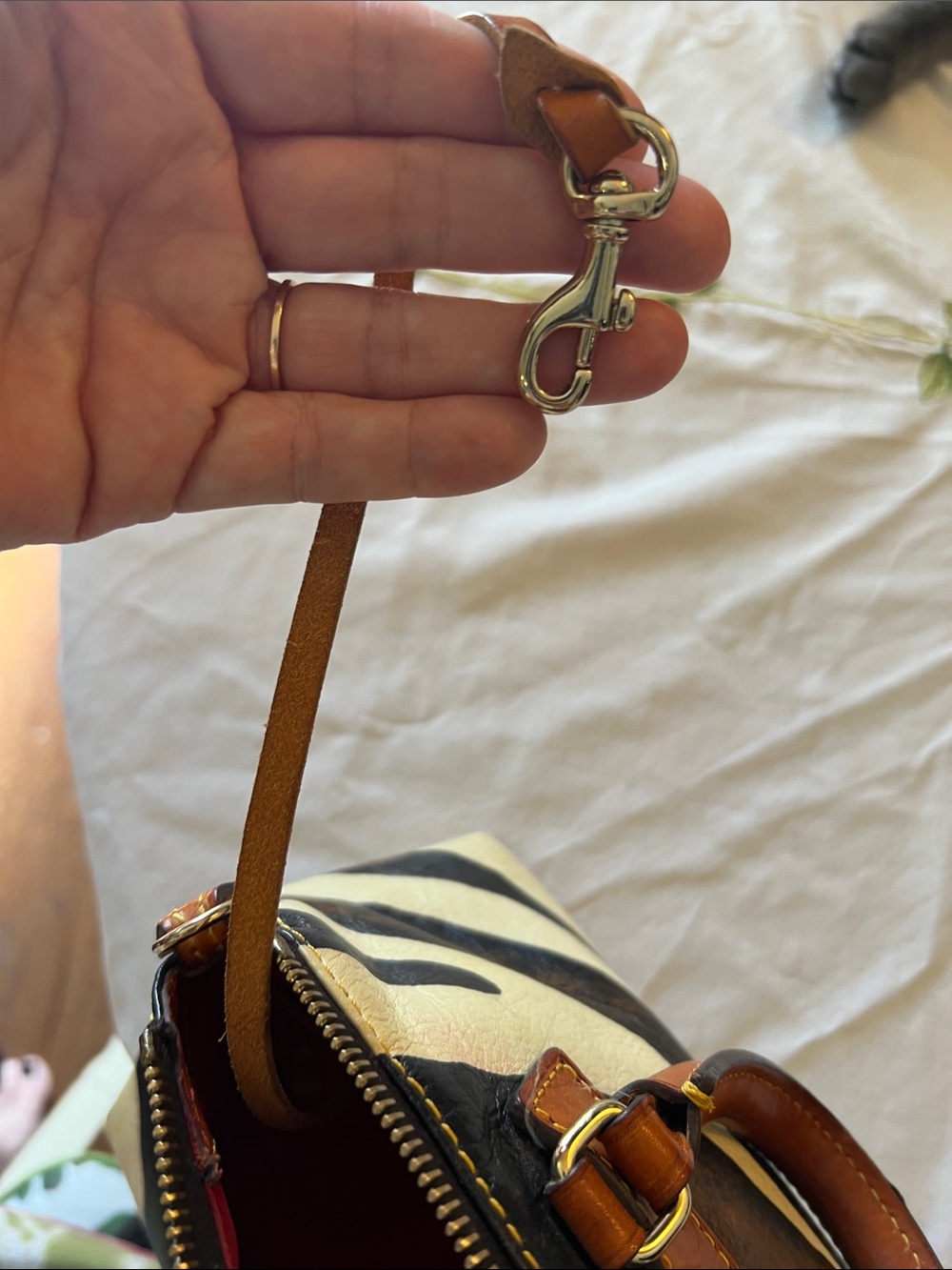 Dooney & Bourke Black and Cream Zebra-Print Satchel with Tan Trim - Picture 7 of 9